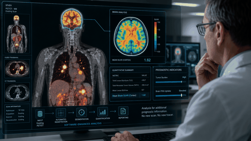 Automatisierte PET/CT-Auswertung: Zusätzlich zur Tumorlast lässt sich auch die FDG-Aufnahme des Gehirns quantifizieren. So könnten bereits vorhandene Bilddaten einen weiteren Prognosemarker liefern – ohne zusätzlichen Scan oder Radiotracer. (Bild:  Guido Deußing / KI-generiert)
