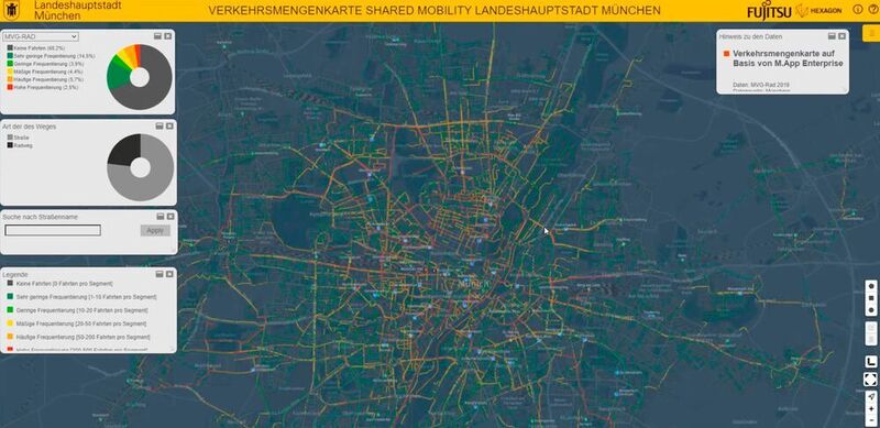 Die Farbskala von grün nach rot zeigt die Menge an Fahrten mit Mikromobilen je Straße – in diesem Fall in München. (Hexagon)