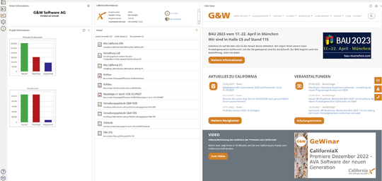(Dashboard mit Projektdaten, Bürokommunikation und aktuellen G&W-Nachrichten. Bild: G&W Software)