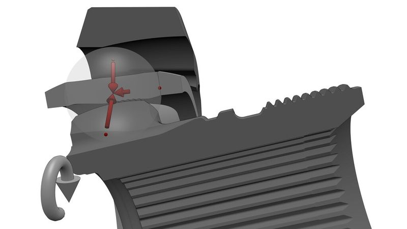 Die auf den Käfig einwirkende Kraft bleibt aufgrund des konstanten Steuerwinkels immer auf dem gleichen, niedrigen Niveau und ein Abgleiten in die Selbsthemmung kann ausgeschlossen werden. Die Änderung an der Bahnkontur ist hier nicht zu erkennen. (Bild: Neumayer Tekfor)