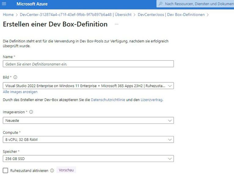 Konfigurieren der virtuellen Hardware einer Dev-Box-Definition. (Bild: Joos / Microsoft)