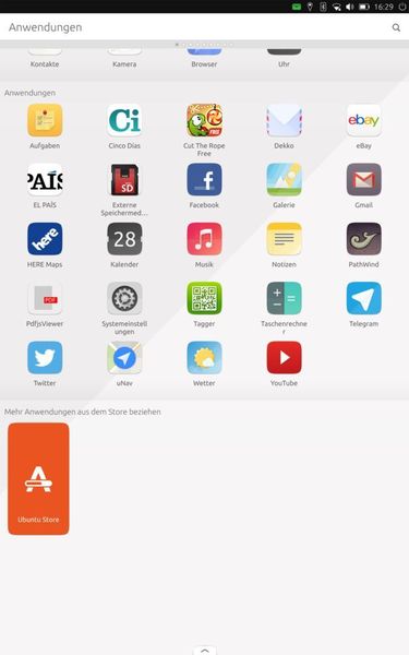 Apps und Ubuntu Store – im Hochformat hatte das Tablet übrigens Probleme, die Icons der obersten Zeile (Kontakte, Kamera, Browser, Uhr) anzuzeigen. (bq (Screenshot))