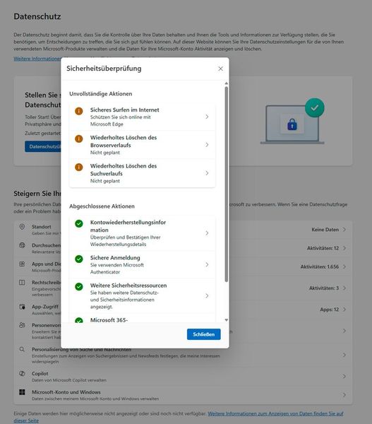 Der Assistent zur Sicherheitsüberprüfung kennzeichnet offene und abgeschlossene Maßnahmen und macht fehlende Datenschutzkonfigurationen sichtbar. (Bild: Joos)