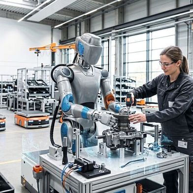 Humanoide Roboter erreichen bei bestimmten Tätigkeiten die Leistungsfähigkeit des Menschen. (Bild: Gemini / KI-generiert)