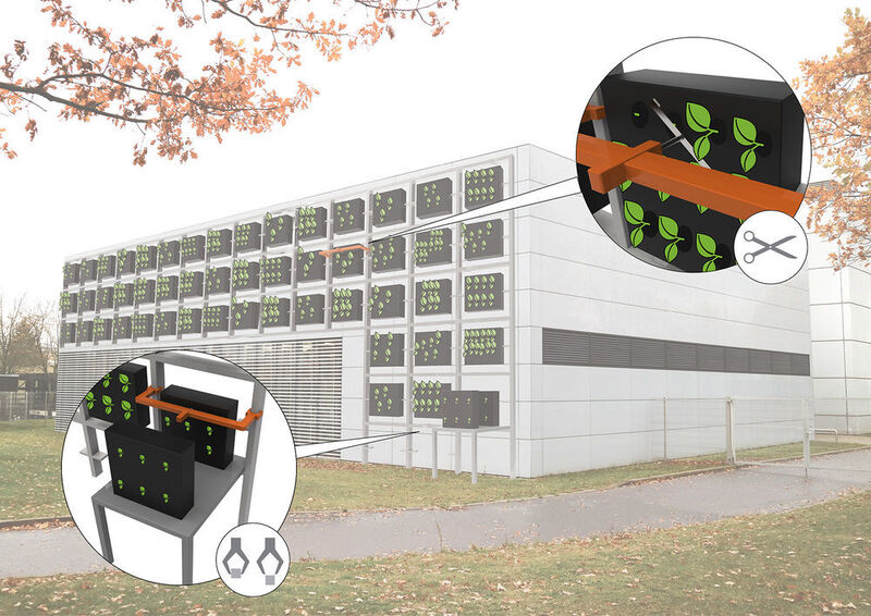 Das modulare Konzept der automatisierten Fassadenbegrünung, bestehend aus Modulen und Pflanzen-Submodulen, ermöglicht es dem Green Wall Robot, sämtliche Arbeiten zu übernehmen, beispielsweise Pick- & Place-Aufgaben oder auch den gezielten Pflanzenschnitt. (Fraunhofer IPA)