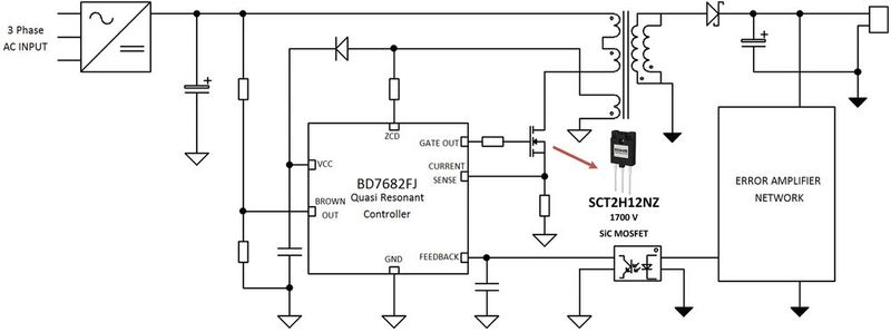 Bild 3: Hilfsversorgungsschaltung auf Basis des Steuer-ICs BD728xFJ und eines 1700-V-SiC-MOSFETs.  (Bild: Rohm)