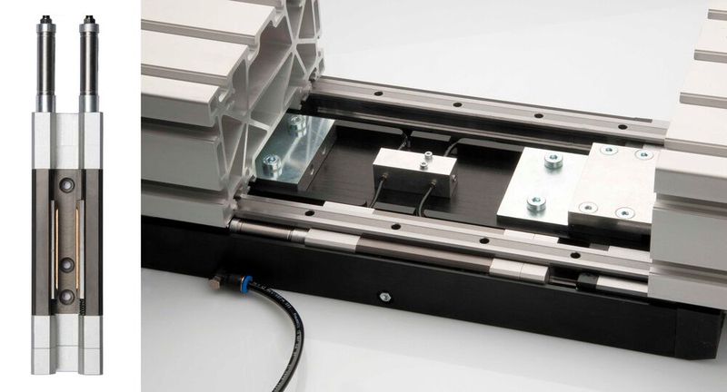 Das patentierte Haltesystem RK Safelock (l.) verhindert ungebremstes Absinken von Führungsschlitten an schwerkraftbelasteten Lineareinheiten – rechts der eingebaute Zustand. (Bild: RK Rose+Krieger)