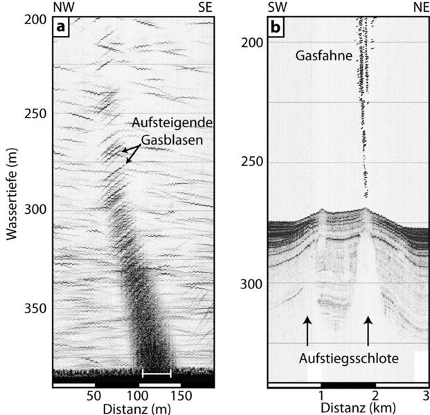 Die Echogramme zeigen eine Gasfahne in der Wassersäule (links) und Aufstiegsschlote, die das Methan im Meeresboden kanalisieren (rechts). (Quelle: M. Römer et al. Earth and Planetary Science Letters)