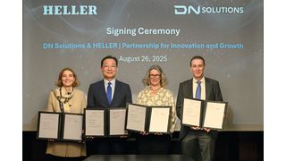 DN Solutions hat eine Vereinbarung zu Akquisition der Heller-Gruppe unterzeichnet (2. v. l.: Wonjong Kim, CEO von DN Solutions; v. l. n. r.: Nicole Pfleiderer, Petra Speidel und Marc Heller, Gesellschafter der Heller Holding SE & Co. KGaA). (Bild: Bernd Nill / Heller)