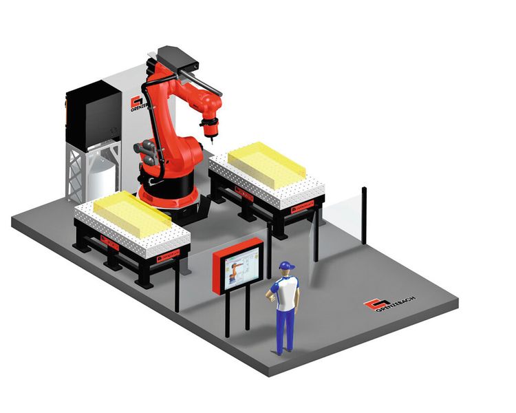Beispielhafte FSW-Anlage bestehend aus: Zellsteuerung / Leitstand, FSW-Spindel mit Reibwerkzeug, Führungsmaschine (hier: Roboter), Schaltschränke, Bearbeitungsstation 1 und 2 und Zellensicherheit (Bild: Grenzebach)
