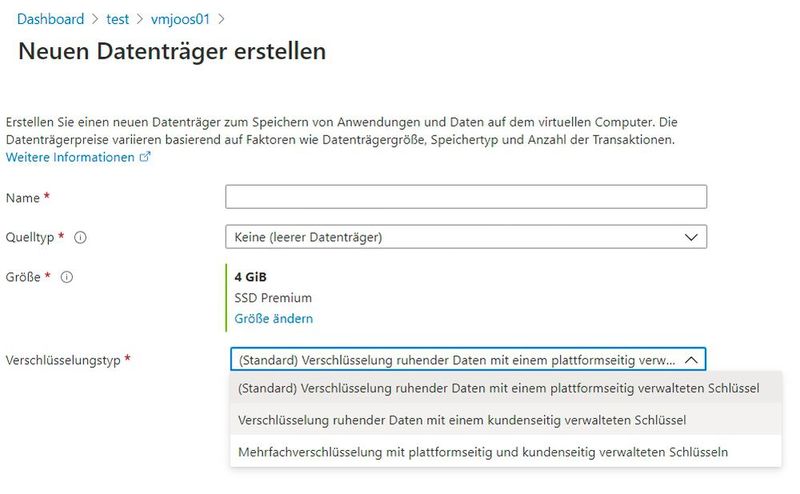 Verschlüsseln von neuen Datenträgern in Azure. (Bild: Joos)