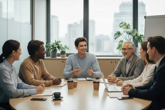 Ein offenes Miteinander auf Augenhöhe ist Basis einer entspannten Arbeitsatmosphäre – und ein Grund, warum sich Mitarbeitende im Unternehmen wohl fühlen. (Bild:  Debeka / KI-generiert)