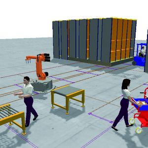 Bild 2: Die Professional-Version von VR-Builder bietet umfangreiche Bibliotheken mit Fördermitteln, Flurfahrzeugen und Personal.