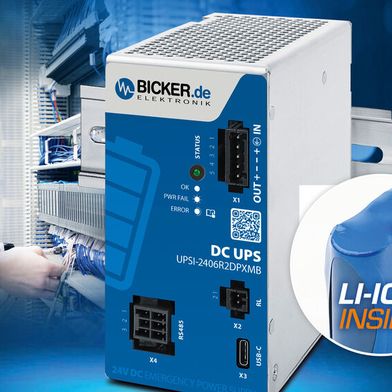 DC-Notstromversorgungslösung Bicker UPSI-2406R2DP1MB (24 VDC / 4 A / 96 W) mit integriertem Li-Ion-Batteriepack und USB-C- / RS485-Modbus-Schnittstellen. (Bild: Bicker)
