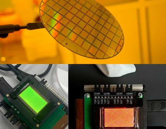 Above, you can see an innovative micro-LED backplane that Fraunhofer researchers have launched together with Vuzix. Below, it is shown in use with green micro-LEDs and red OLED pixels.(Image: Fraunhofer-IPMS)