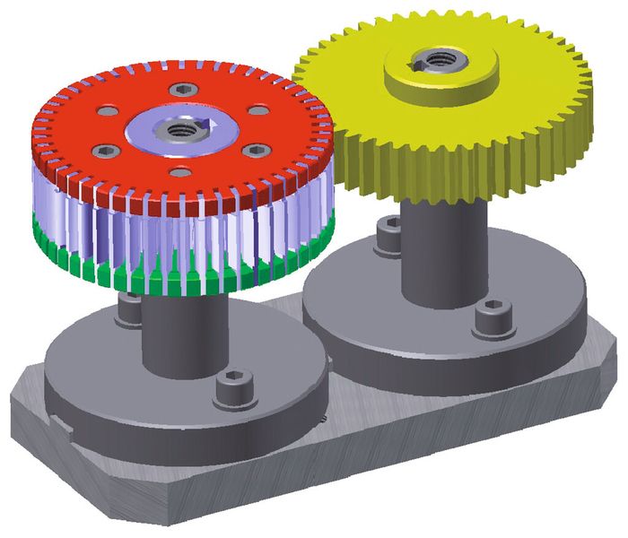 Versuchsaufbau zum Einstellen des Zahnspieles an einem Dehnzahnrad 1 mit Gegenzahnrad. (Maul Konstruktionen)