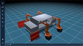 BabaCAD Robotics Web 3.0 : quatre robots autour d'une caisse automobile (import STL), simulés directement dans le navigateur. (Source : BabaCAD Robotics)