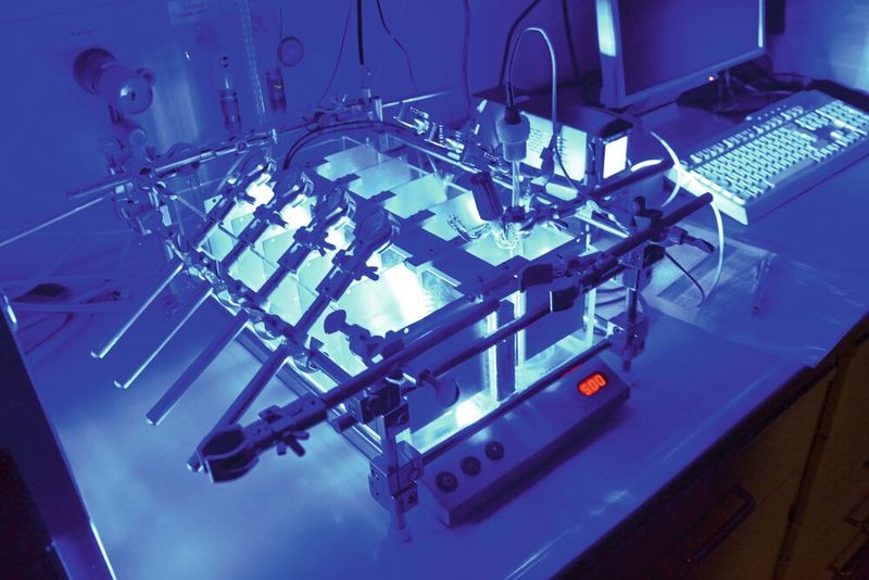 Abb.6: Testanlage zur chemischen Wasserspaltung (Das blaue Licht in dieser Anlage ist nicht intensiv genug, um die photokatalytische Wasserspaltung zu testen) (LABORPRAXIS)