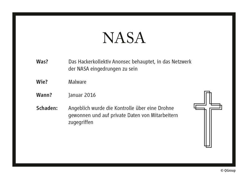 Das Hacker-Lollektiv Anonsec behauptet, ins Netzwerk der NASA eingedrungen zu sein. Dabei konnten sie angeblich die Kontrolle über eine Drohne übernehmen und auf private Daten von Mitarbeitern zugreifen. Die NASA behauptet, dass der Hack nicht stattgefunden habe. (QGroup)