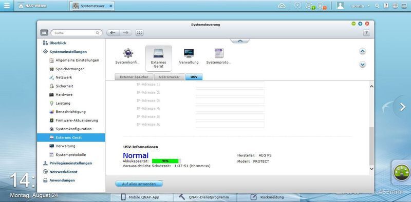 USV Betrieb an Qnap NAS: Alles normal. (Bild: AEG PS)