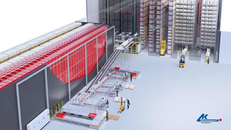 Das Projekt umfasst ein neues automatisches Behälterlager, ein automatisches Paletten-Kanallager, das Retrofit des bestehenden automatischen Tablarlagers sowie die softwaretechnische Integration des Schmalganglagers und der manuellen Stapler in eine einheitliche IT-Infrastruktur.(Bild:  Klinkhammer Intralogistics)