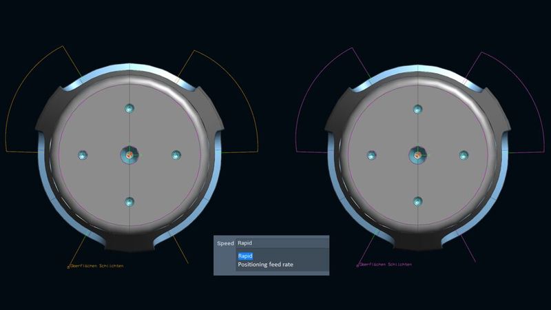 Beim 5-achsigen Simultanfräsen im Eilgang (links) oder im Positionierungsvorschub (rechts) zurückziehen. (Bild: Tebis)
