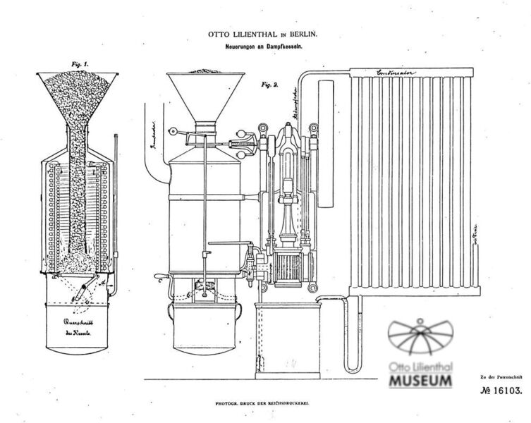 Verbesserungen an Dampfkesseln lässt er 1882 patentieren.  (Otto Lilienthal Museum)