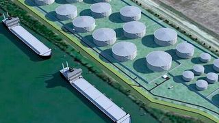 Rendering of the finished site, featuring two wharfs capable of accommodating 1200-foot vessels and a storage capacity as high as 10 million barrels.  (Business Wire)