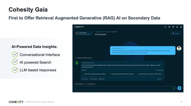 Cohesity Gaia bietet RAG-KI-gestützten Zugriff auf sekundäre Daten, wohingegen die meisten RAG-Suchmaschinen nur Zugriff auf primäre Daten aus erster Hand haben. Die Antworten basieren auf einem großen Sprachmodell (LLM). Die Interaktion erfolgt durch Sprachein- und -ausgabe. (Bild: Cohesity)