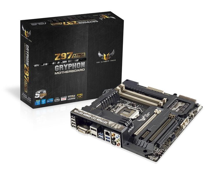 Die martialisch aussehende Abdeckung auf dem Asus Gryphon Z97 Armor Edition soll die Wärmeableitung des Boards verbessern. Es ist zudem mit einem speziellen Microchip für die Temperaturkontrolle ausgerüstet. (Bild: Asus)