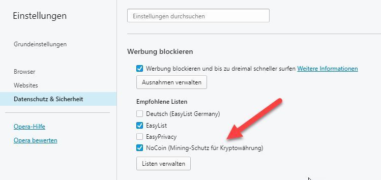 Anti CoinMiner-Settings für den Browser Opera. (Dombach)
