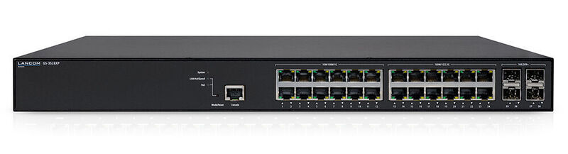 Lancom GS-3528XP: Multi-Gigabit Ethernet Access Switch mit PoE. 12 von insgesamt 24 Gigabit Ethernet Ports unterstützen 2,5 Gigabit Ethernet und bilden damit die leistungsstarke Basis für den Betrieb von Wi-Fi 6 Access Points und anderen Netzwerkkomponenten mit hohen Performance-Anforderungen. Weitere 4x SFP+-Ports und Layer-3-Funktionen wie Static Routing und DHCP-Server machen dieses Gerät zu einem Profi für intelligentes Management mit zahlreichen Sicherheitsfunktionen für kleine und mittelgroße Netze. (Lancom Systems)