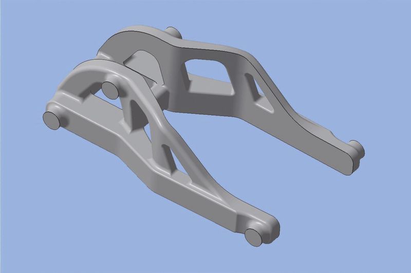 CAD-Modell der Hinterradschwinge eines Motorrads. Es liefert die Daten für die 3D-gedruckten Kerne. (Bild: Voxeljet)