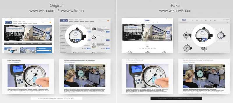 Der Sonderpreis für „Identitätsklau“ geht an den chinesischen Unternehmer Chu Chaofeng. Er ist laut der Jury Domain-Inhaber der Wika China Website. Allerdings handelt es sich hierbei um keine offizielle Seite des deutschen Unternehmens Wika, sondern um einen Nachbau mit geklauten Fotos und Texten. Links im Bild befindet sich das Original.  (Bild: Plagiarius)