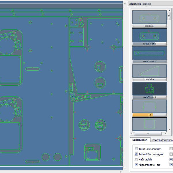 Ausschnitt aus einem Schachtelplan mit Teileliste erzeugt von Finest Cut. (Bild: CAM Concept)