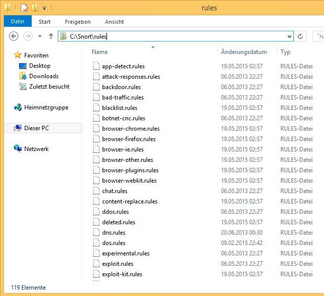 Nach der Installation müssen Sie noch die Erkennungsregeln in die Installation mit einbinden. Die Regeldateien laden Sie auf der gleichen Seite wie die Installationsdatei herunter. Die Regeln werden im Unterverzeichnis „Rules“ gespeichert, in das auch die einzelnen Regeldateien kopiert werden. Die Protokolldateien finden sich im Verzeichnis „Logs“. (Bild: Thomas Joos)