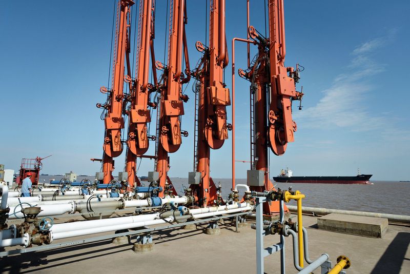Red giants: five arms for loading and unloading ships stretch out over Shidongkou Port. The Shanghai Shidong-kou Coal Gas Manufacturing Company operates a fuel transshipment terminal here. (Picture: Endress+Hauser)