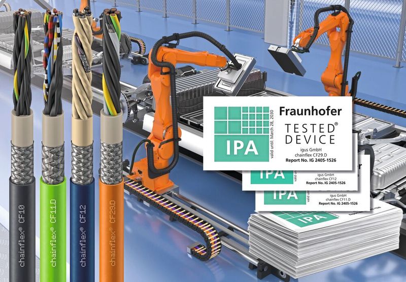 Igus konnte 238 halogenfreie Chainflex TPE-Leitungen vom Fraunhofer IPA erfolgreich nach Trockenreinraumklasse 4 und 5 zertifizieren lassen.  (Bild: Igus SE & Co. KG)