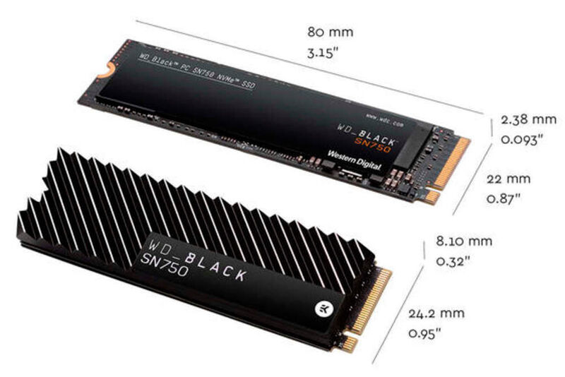 WDC bietet die WD Black SN750 mit und ohne Kühlkörper an. Die SSDs sind M.2-2280-Module mit Kapazitäten zwischen 250 GB und zwei TB. (WDC )