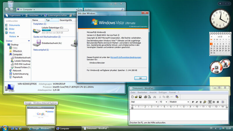Der Desktop von Windows Vista (hier in der Ultimate-Fassung mit installiertem Service Pack 2). Auch wenn Microsoft die Performance- und Stabilitätsprobleme des Systems mit der Zeit in den Griff bekam, blieben viele Nutzer lieber beim bewährten Windows XP - oder stiegen später direkt auf Windows 7 um.