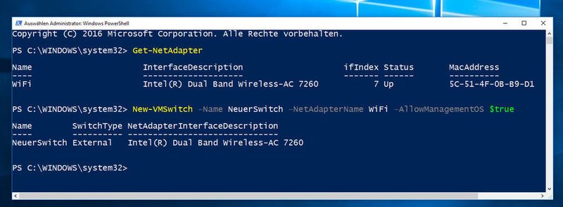 Schnell und auch per Script einen neuen Switch anlegen: Standardmäßig legt dieses Kommando bei einem solchen Aufruf einen externen virtuellen Switch auf dem System an. Durch Angabe von „–AllowManagemenentOS $true“ wird dabei sichergestellt, dass das Hostsystem die physikalische Netzwerkkarte gemeinsam mit dem virtuellen Switch nutzen kann. (Schlede, Bär / Microsoft)