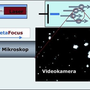 2	 ZetaView – Elektrophorese-Anordnung mit verstellbarem Laser und Mikroskop zum kontrollierten Abtasten des Zellkanalquerschnitts. Video-Ausschnitt aus dem Elektrophorese-Messkanal (2 x 5 x 50 / mm).