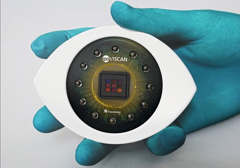 Der Vitalsensor goVISCAN: Mittig sitzt die Multispektralkamera mit einem 3x3-Mikrolinsenarray, das die spektralen Bänder erfasst. Kreisförmig herum sind LEDs verbaut, die die Messszene beleuchten.(Bild:  Fraunhofer IOF)