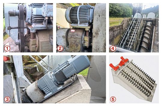 1. Il sistema di azionamento originario della pompa a vite senza fine era costituito da un riduttore a ingranaggi cilindrici con cinghia a monte.  2. La tecnologia di azionamento esistente non soddisfaceva più i requisiti in termini di affidabilità ed efficienza.  3. Il nuovo motore a risparmio energetico del tipo DRU è collegato direttamente al riduttore a ingranaggi cilindrici.  4. Grazie ai nuovi sistemi di azionamento, le due pompe a coclea dell’impianto di depurazione di Daun sono pronte per il futuro.  5. Per il funzionamento delle pompe a coclea sono disponibili diversi sistemi di azionamento: in questa sede vengono illustrate, a titolo esemplificativo, la versione con adattatore per motore e la variante con trasmissione a cinghia.(Immagine: SEW Eurodrive)
