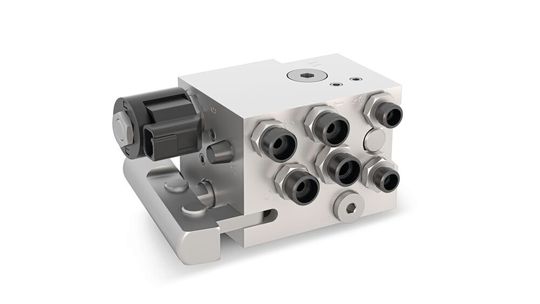 Der hydraulische Steuerblock für Bremslösungen wird durch ein Magnetventil gesteuert. (Bild:  Weber-Hydraulik)