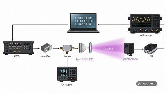 Eine modulierte LED überträgt die am Computer erzeugten Daten mit 1,5 Gigabit pro Sekunde zu einer Fotodiode. Das empfangene Signal wird verstärkt und am Oszilloskop ausgewertet.(Bild:  2026 IEEE)