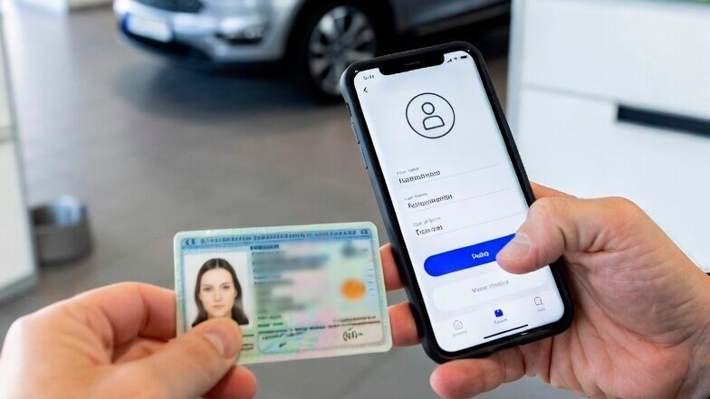 Mit einem Scan per Smarthphone lädt der Autohausmitarbeiter das Ausweisweisdokument auf einen Server, auf dem die Echtheitsprüfung innerhalb von Sekunden erfolgt.(Bild:  KI-generiert)