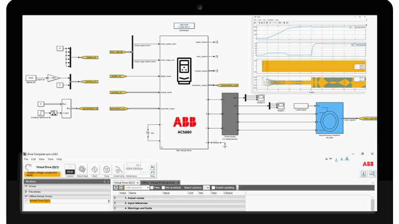 Virtual Drive Plus ist eine Software-in-the-Loop-Lösung, auf der die tatsächliche ACS880-Niederspannungs-Frequenzumrichter-Firmware ausgeführt wird, um eine genaue Simulation des Antriebsverhaltens sicherzustellen. (Bild:  ABB)