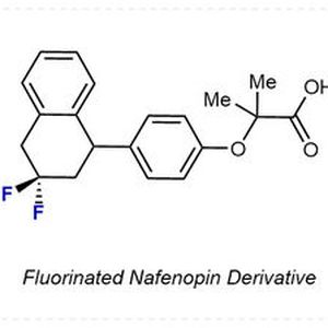 Links: Kristallstruktur (grau: Kohlenstoff, C; grün: Fluor, F; rot: Sauerstoff, O) des neuartigen, difluorierten Nafenopin-Derivats. Der modifizierte Wirkstoff wurde ausgehend von einem Zwischenprodukt hergestellt, welches mithilfe der beschriebenen Methodik synthetisiert wurde. Rechts: Struktur von Nafenopin.(Bild:  WWU Münster - AG Gilmour)