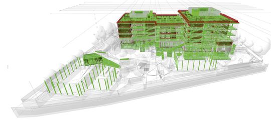 (Struktur der tragenden Elemente im Schulbauprojekt Kagran. Bild: Franz&Sue, Wien)